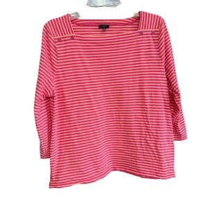 Talbots Petite Pink Striped Square Neck 3/4 Sleeve Cotton Top XL P Enamel Button